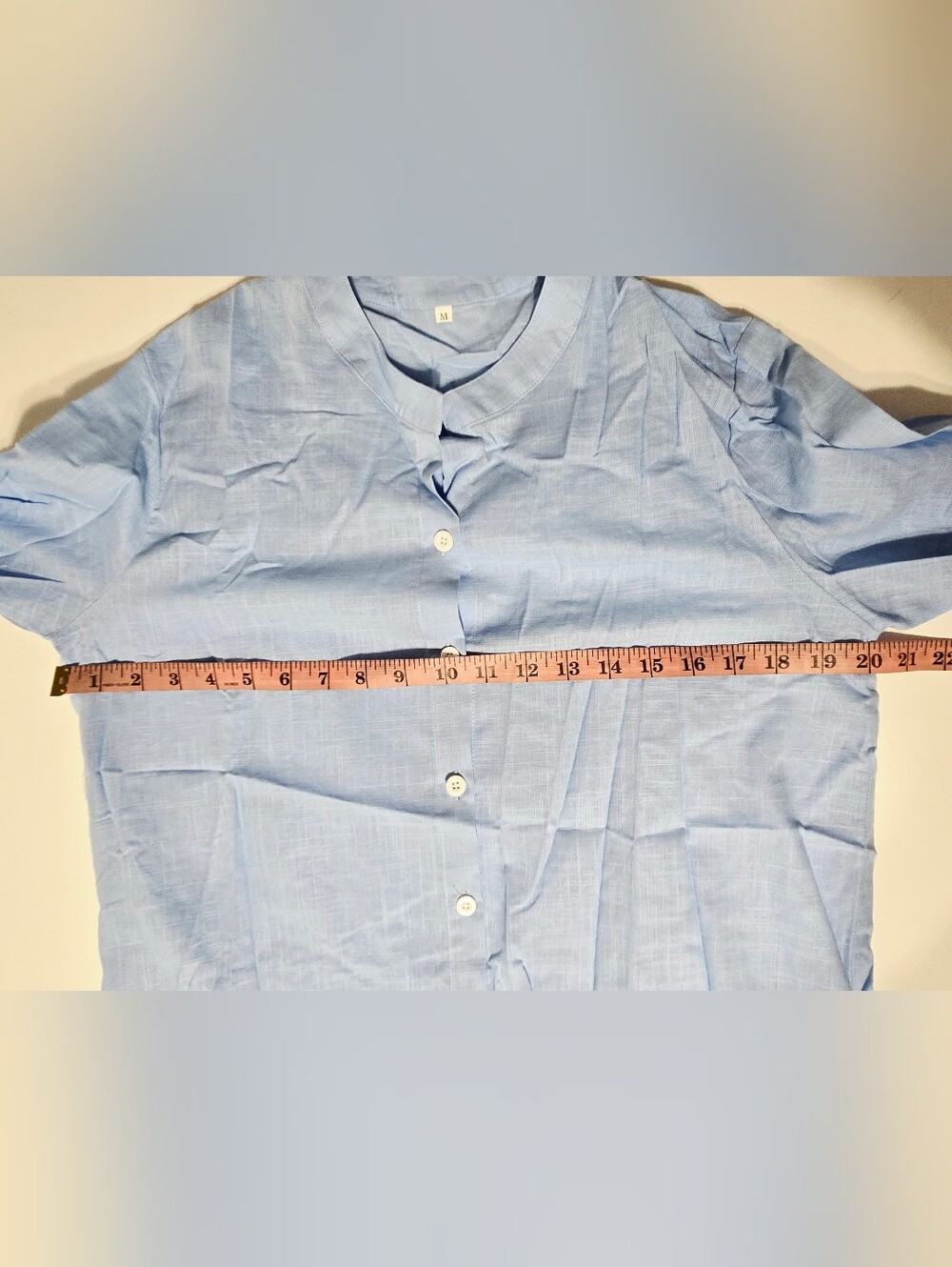 Women’s Light Blue Collarless Button Front Blouse Long Sleeve Size Medium - Picture 3 of 6